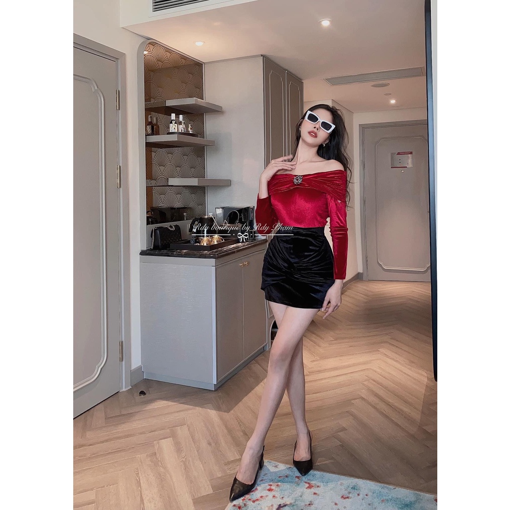 Set nhung nơ xoắn Áo trễ vai phối Chân váy ôm dáng, chất nhung mềm mịn, hàng RDY, chuẩn mẫu