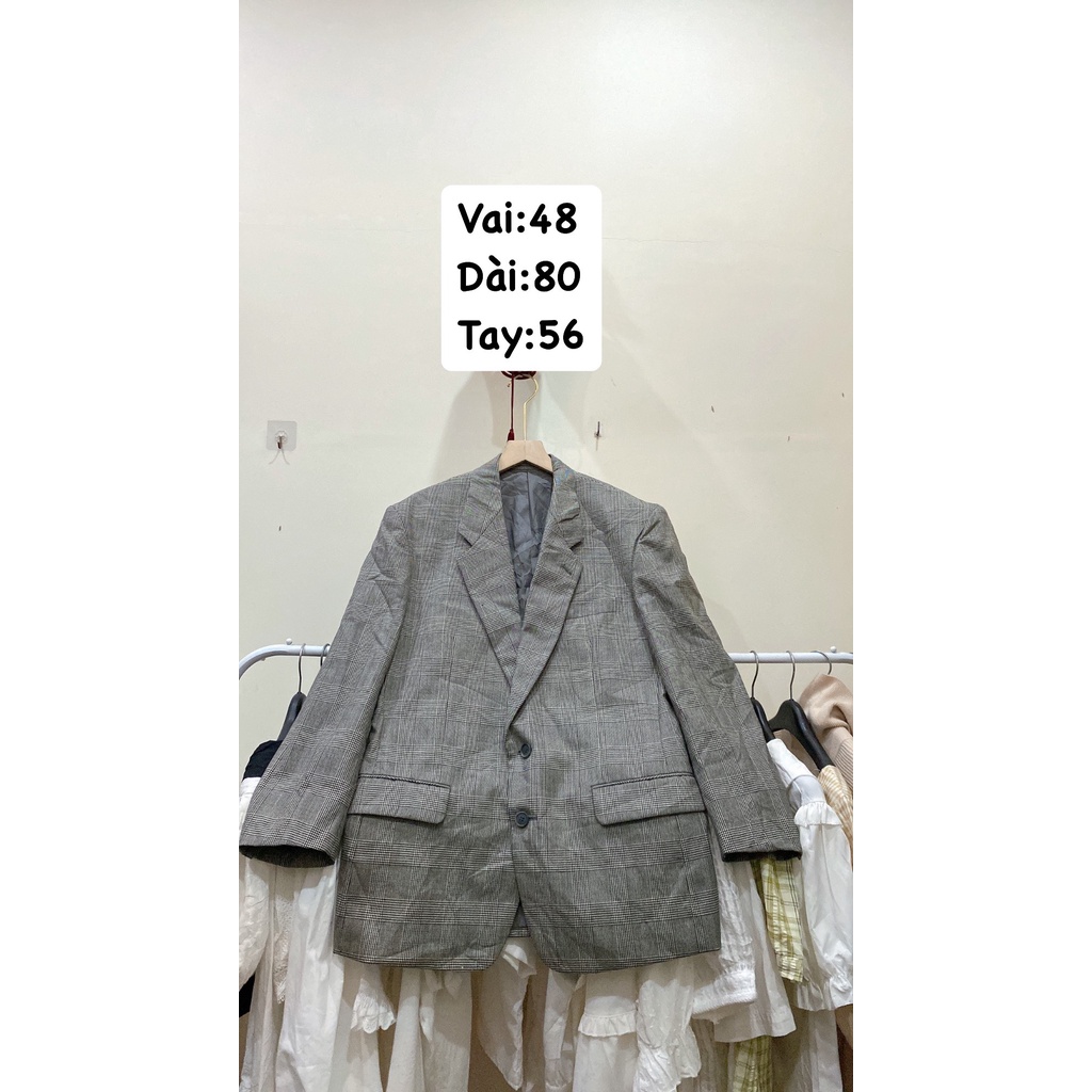 Áo vest blazer nam form rộng freesize kẻ caro màu ghi sáng có lót trong 2hand giá rẻ