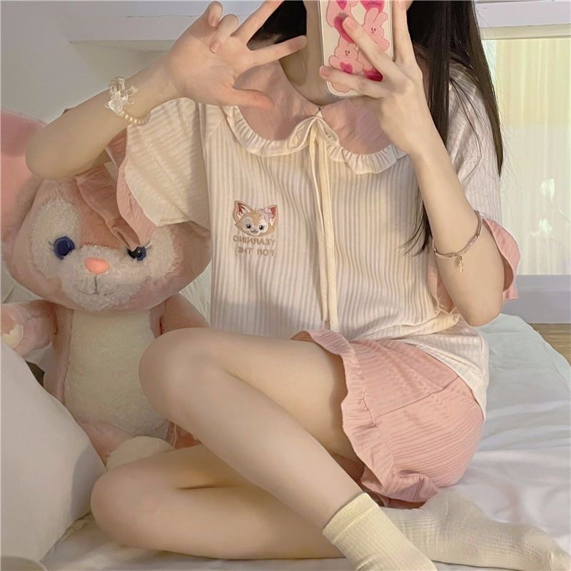 Bộ đồ ngủ phong cách công chúa nữ mùa hè ngắn tay búp bê cổ áo diềm xếp nếp ngọt ngào dễ thương bộ đồ phục vụ mặc nhà