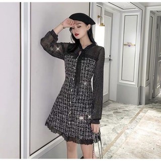 M-4XL Đầm dạ tweed dự tiệc nhũ bling lấp lánh sang chảnh