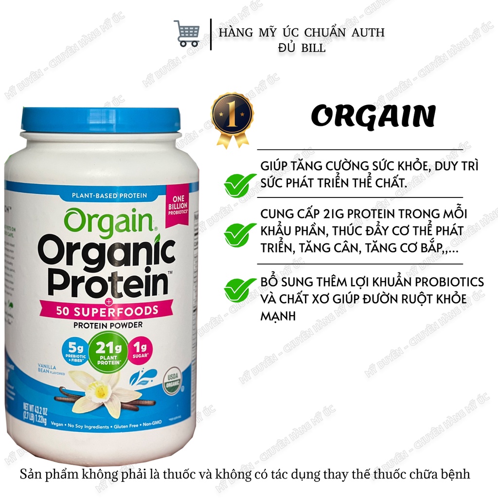 Bột bổ sung protein thuần chay Orgain Organic Protein của Mỹ 1.22kg vị Vani