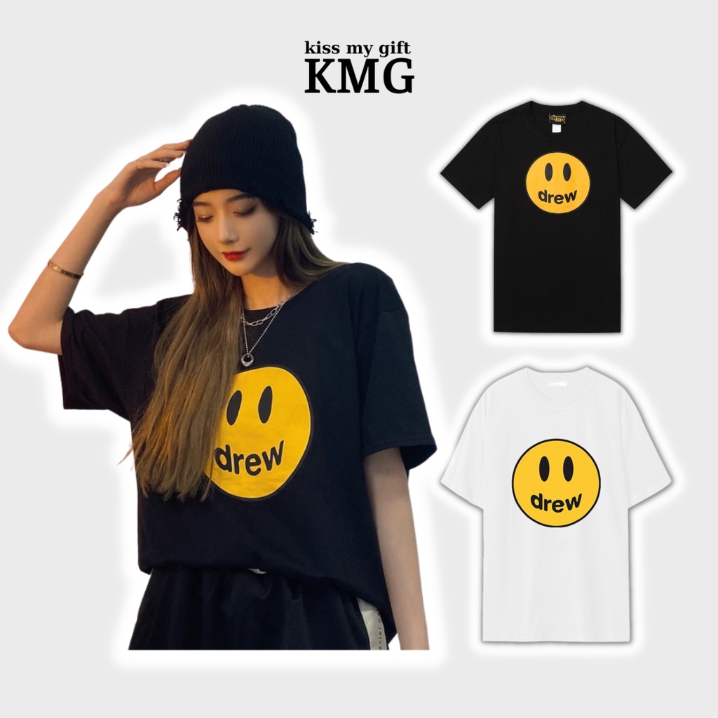 Áo Thun Drew Mặt Cười Đen Trắng - Áo thun unisex nam nữ form rộng oversize chất liệu Cotton Thời Trang