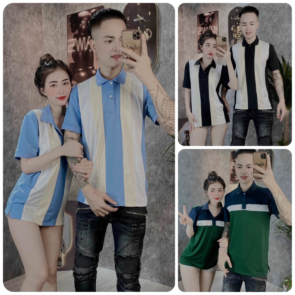 Áo polo nam PHỐI KẺ SỌC, áo thun nam nữ cặp đôi chất poly vải cá sấu size VNXK thoáng mátthời trang hot trend - TMT SHOP
