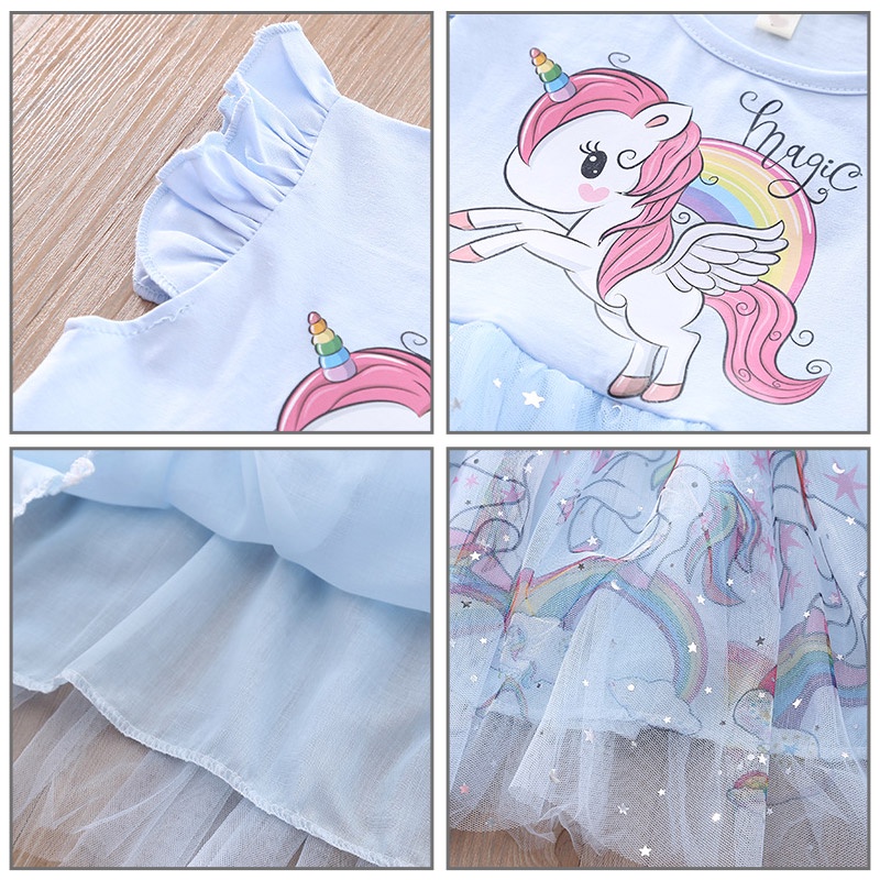 Đầm công chúa IQ ANGEL tay ngắn bằng vải cotton in họa tiết kỳ lân dành cho bé gái