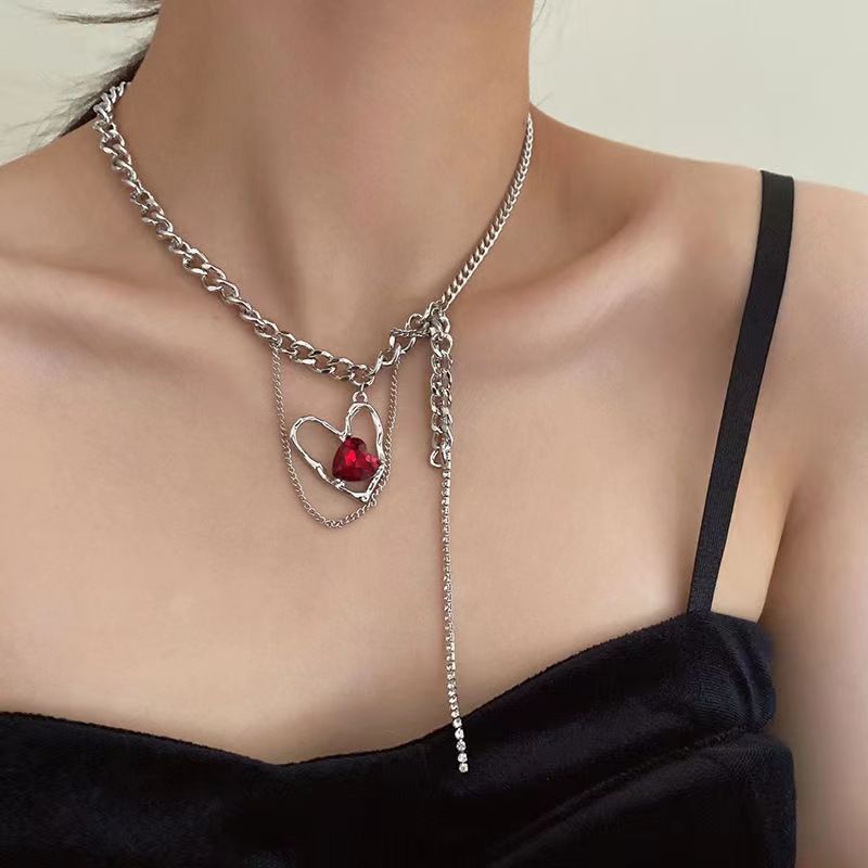 Bộ Vòng cổ + Bông Tai Dạng Chuỗi Dài Đính Đá Zircon Màu Đỏ Thời Trang Phong Cách Hàn Quốc Cho Nữ