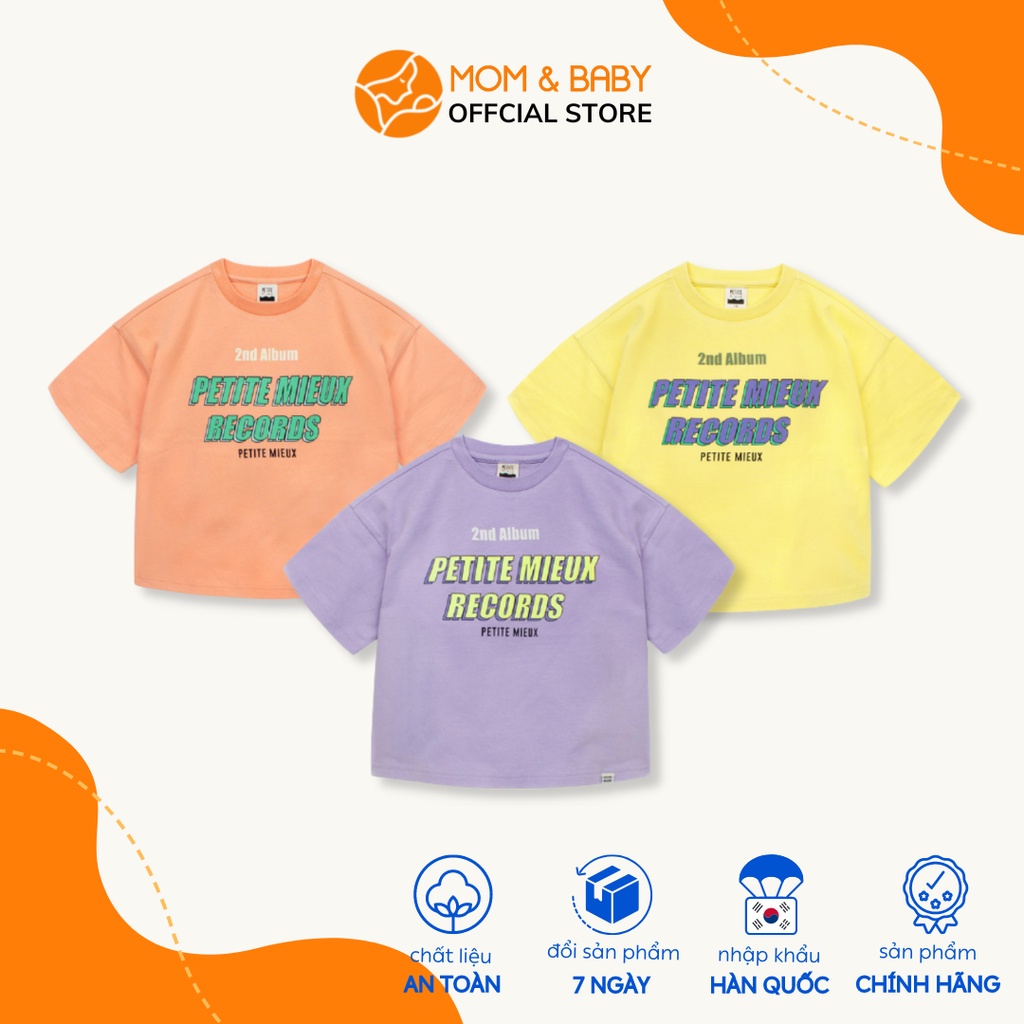 Áo thun cotton cho bé trai, bé gái Petite Mieux thương hiệu Hàn Quốc in chữ màu tím, vàng, cam MOM & BABY EMECT02