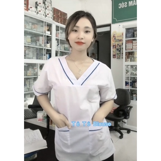 Bộ blu cổ tim có viền nam nữ cộc tay, bộ scrubs kỹ thuật viên cho điều dưỡng, dược sỹ, y tá, bác sĩ (có 3 màu lựa chọn)