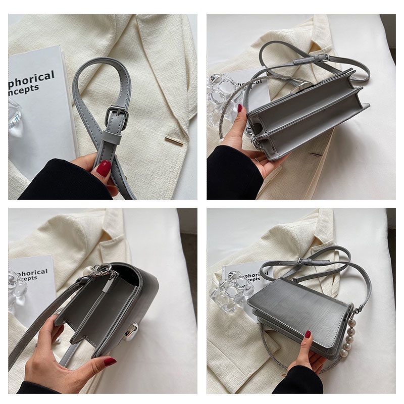 NUCELLE Túi Đeo Vai Bằng Da PU Màu Trơn Đính Ngọc Trai Thời Trang Cao Cấp Kiểu Hong Kong