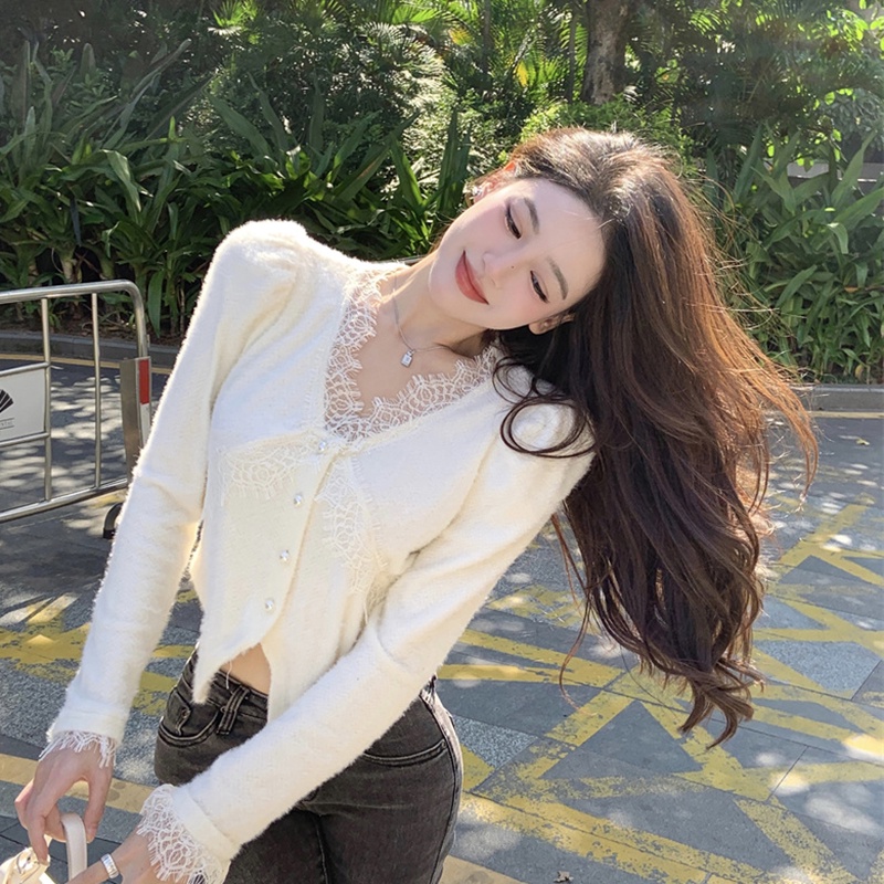 IELGY   Áo Len Sáp Mềm Mỏng Tay Dài Màu Trắng Thời Trang Cho Nữ