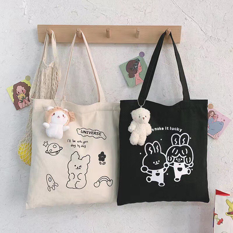 Túi Tote Vải Canvas Thỏ Cute Style Ulzzang Đi Học Đi Chơi Xinh Xắn Có Khóa Kéo MTT0295