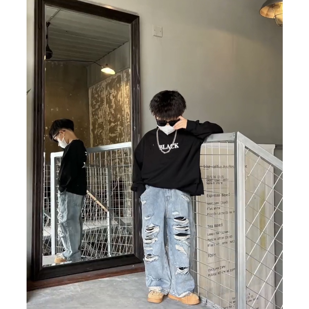 QJR2301 Quần Jean Rách Cá Tính Dáng Suông Chất Jean Mềm Dành Cho Bé Trai