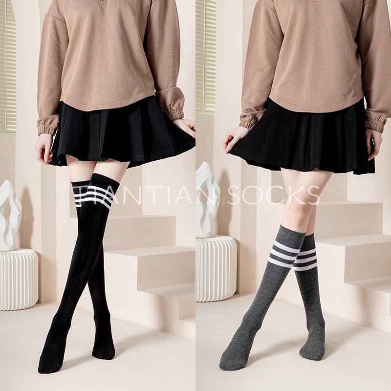 TIAN TIAN T212 Vớ Dài Qua Gối Màu Đen Phong Cách Preppy Nhật Bản Thời Trang Xuân Hè Cho Nữ