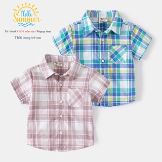 Áo sơ mi caro bé trai WELLKIDS áo sơ mi ngắn tay bé trai túi ngực chất cotton hàng xuất Âu Mỹ