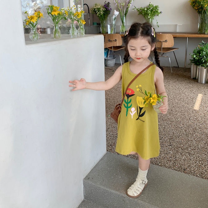 Đầm Cotton Ôm Dáng Không Tay In Họa Tiết Hoạt Hình Phong Cách Phương Tây Dễ Phối Đồ Thời Trang Mùa Hè Dành Cho Bé Gái