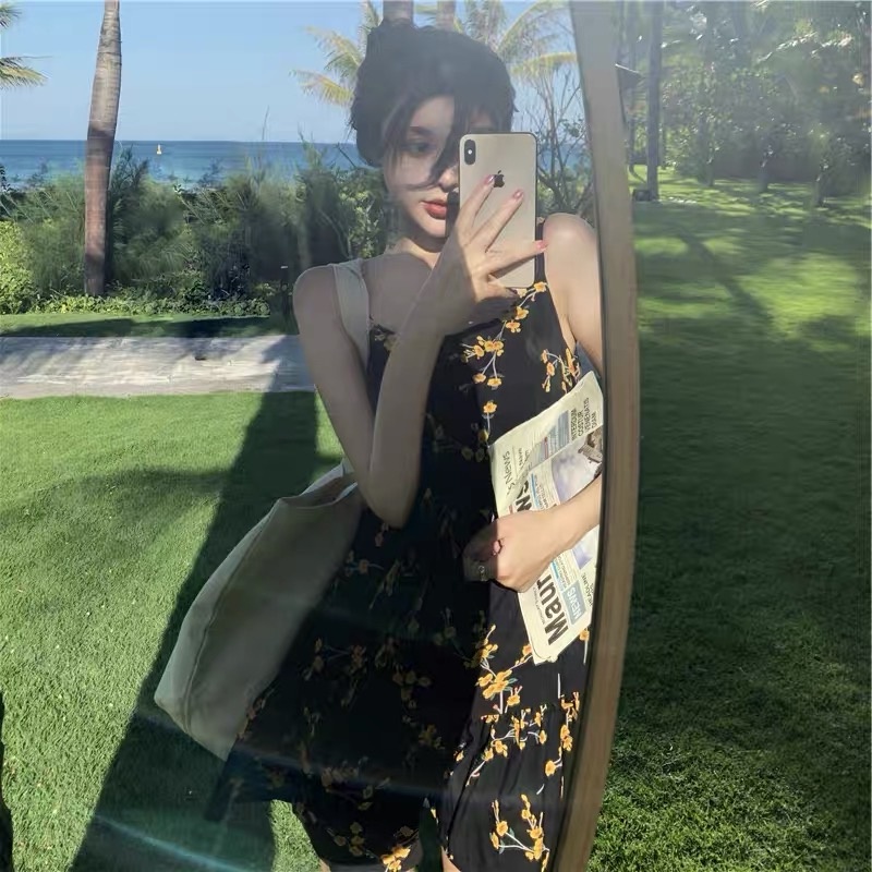 ZHELIHANGFEI Đầm Ngắn Hai Dây Eo Hẹp In Hoa Màu Đen Ngọt Ngào