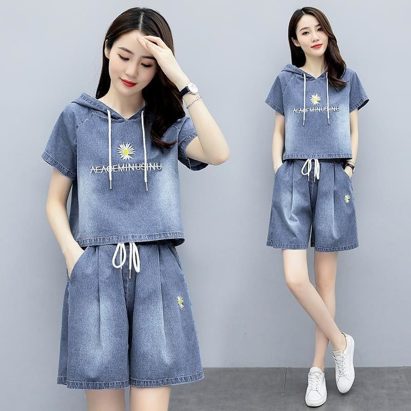 Bộ Áo Hoodie Ngắn Tay + Quần Short Denim Thời Trang Mùa Hè Hàn Quốc 2023 Cho Nữ