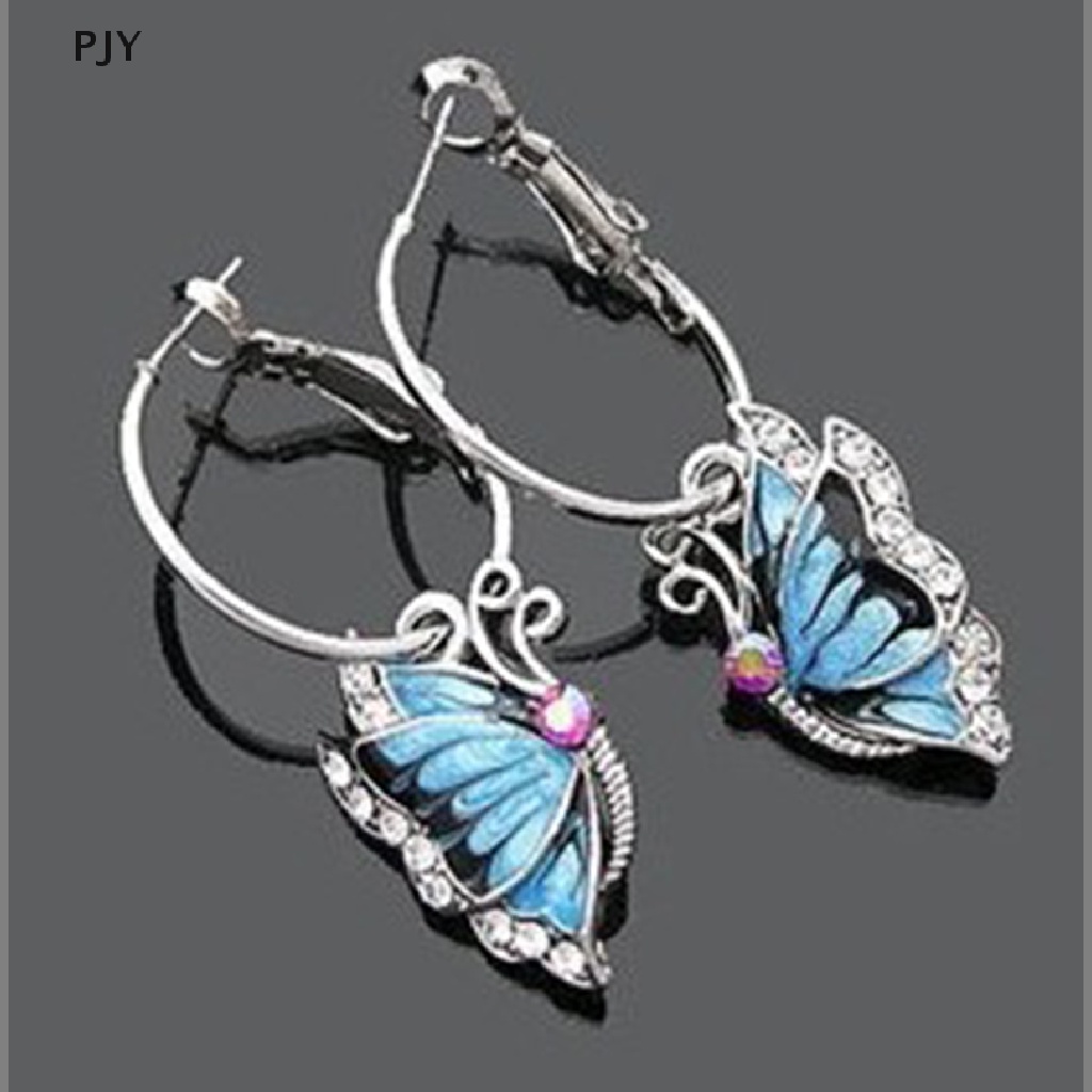 Pjy Bông Tai Mạ Bạc Hình Bướm Đính Pha Lê Xanh Dương Dễ Thương PJ