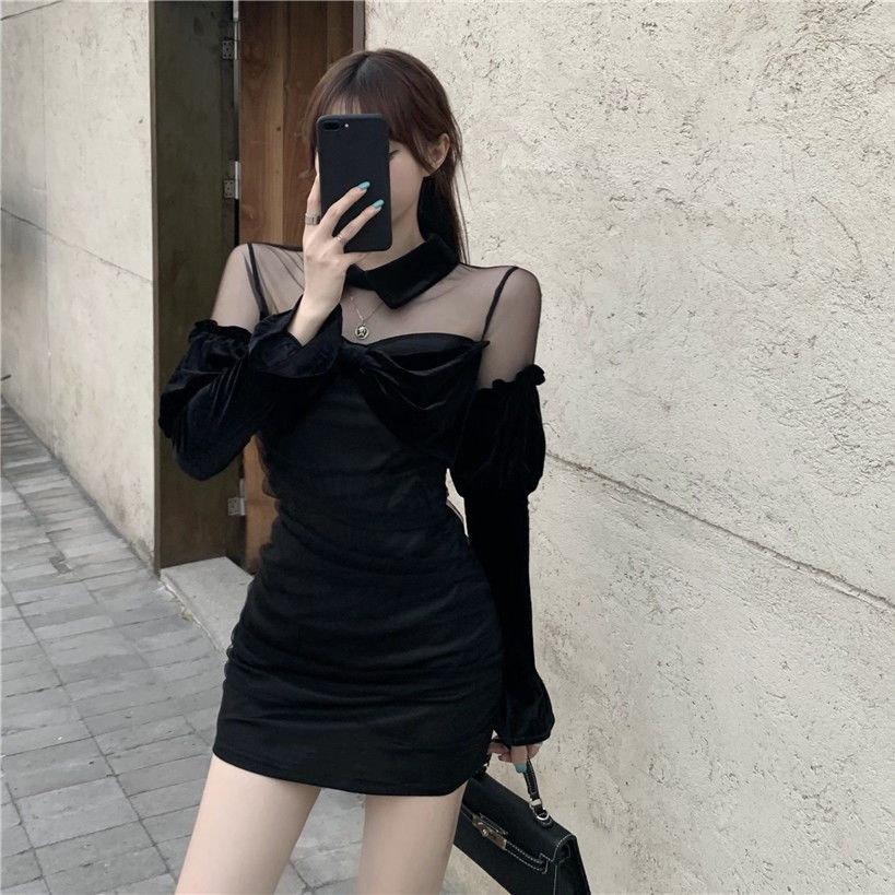 Đầm Dạ Hội Dài Tay Vải Nhung Phối Lưới Thời Trang Sang Trọng Dành Cho Nữ