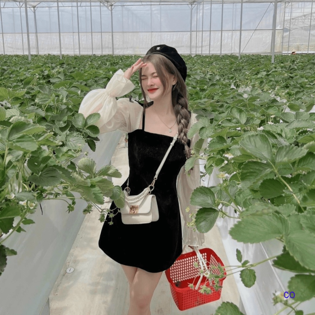 ĐẦM NHUNG CỨNG PHỐI VOAN TAY DÀI MIX HAI DÂY ÔM EO DÁNG NGẮN XÒE CỰC XINH ĐẸP ĐI CHƠI DỰ TIỆC HÀNG SIÊU CẤP LOẠI 1