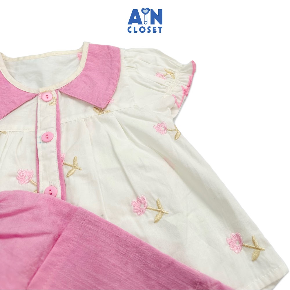 Bộ quần áo lửng bé gái họa tiết hoa thêu Hồng Kate cotton - AICDBGYRLTHW - AIN Closet