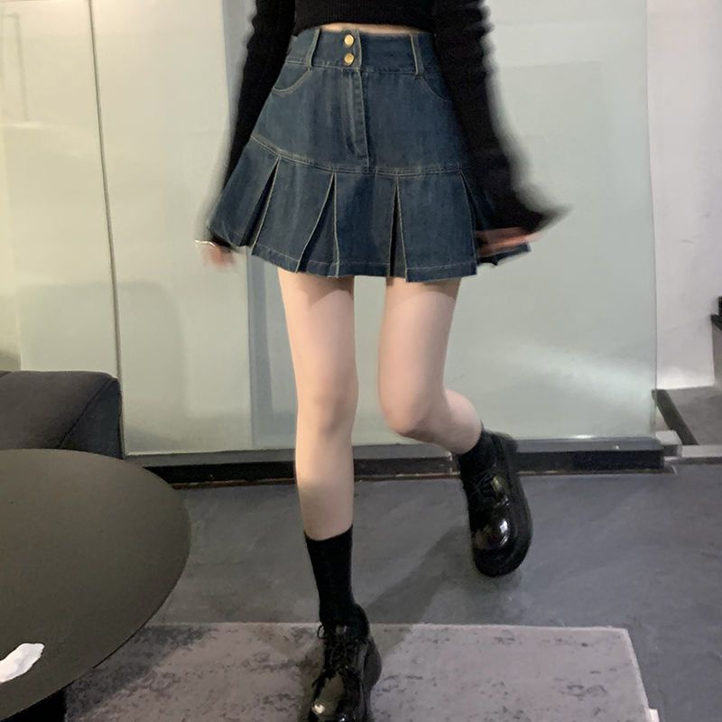 IMAODOU Chân váy denim  chữ A xếp ly lưng cao thời trang mùa hè cho nữ