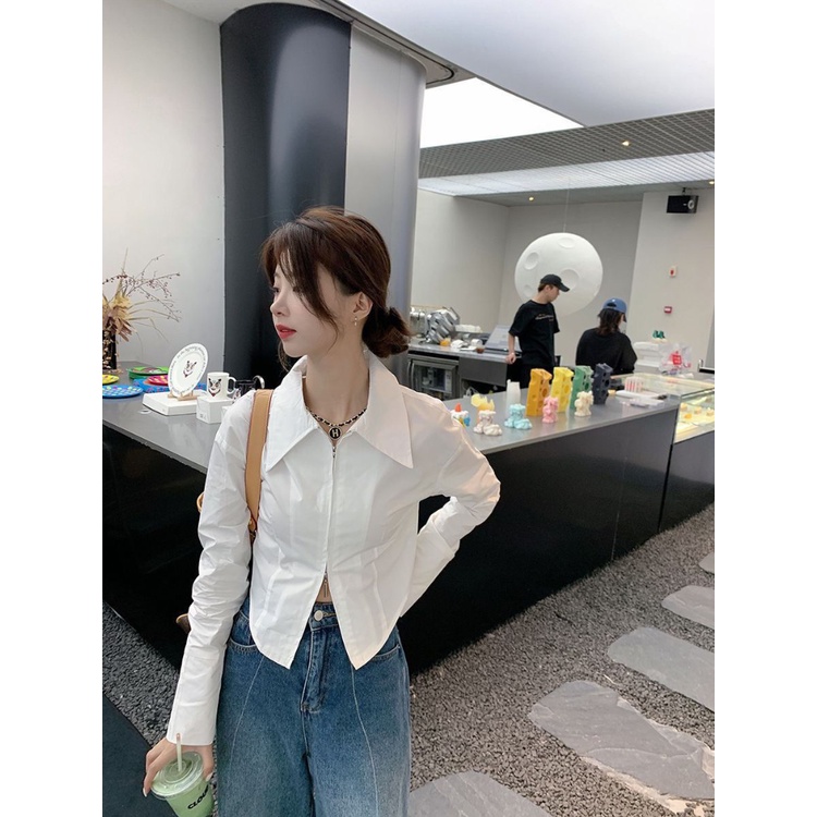 Áo sơ mi croptop nữ màu trắng niche thiết kế cảm giác xếp lớp bên trong áo sơ mi dài tay áo sơ mi nữ màu trắng
