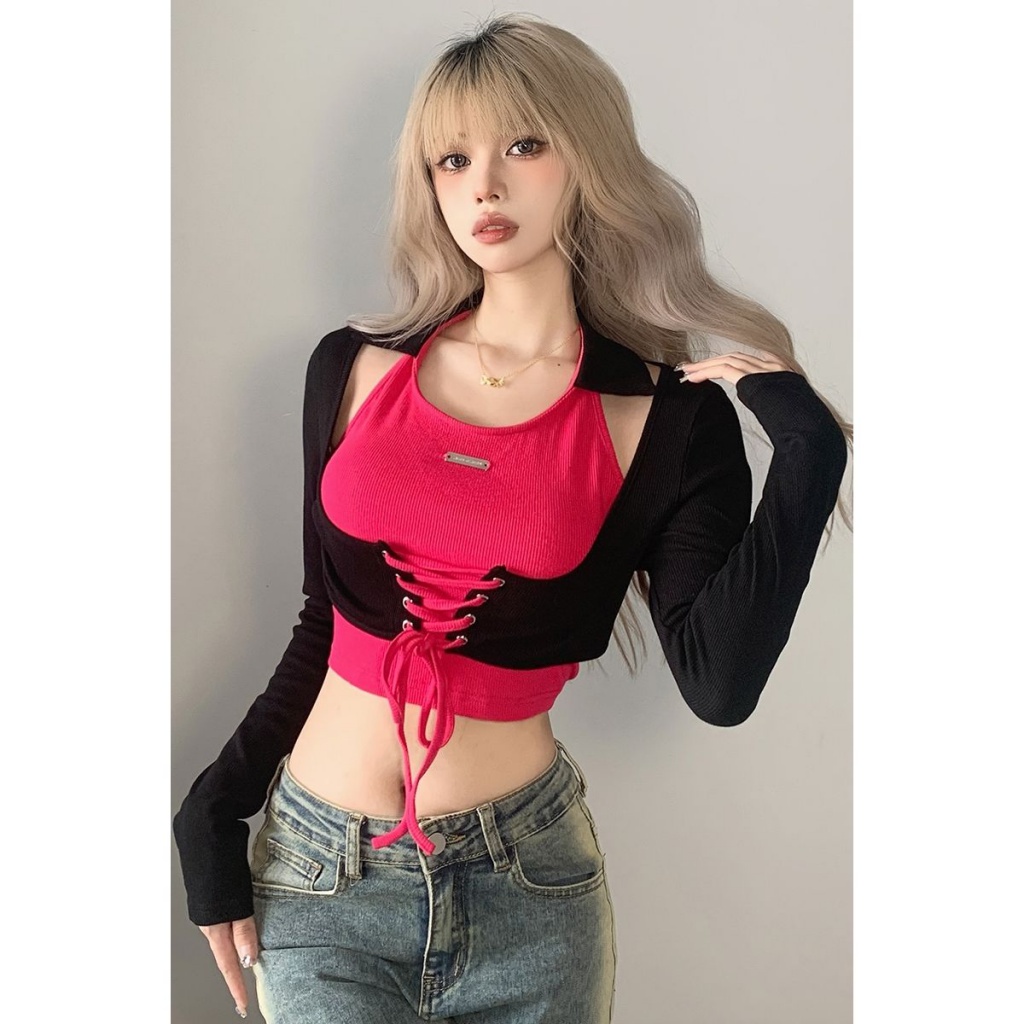 Áo Thun Lửng Tay Dài Phối Dây Buộc Thiết Kế Trẻ Trung Cá Tính