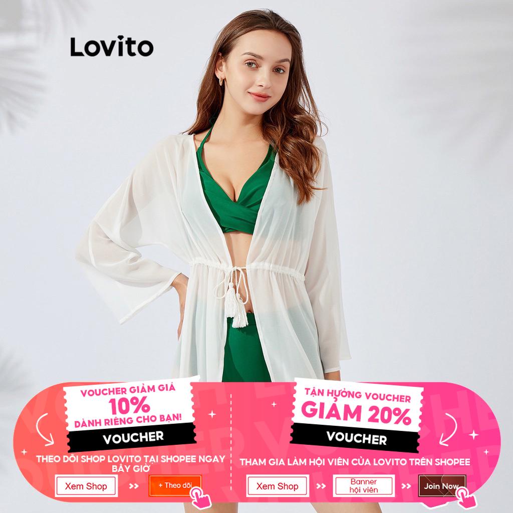 Áo khoác ngoài Lovito thiết kế cổ thẳng trơn màu thắt dây phong cách Boho L26AD008 (màu trắng)