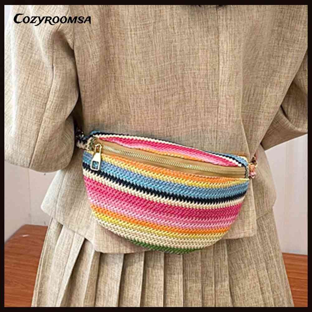 Túi cói Ngực / Thắt Lưng Bằng Rơm Dệt Sọc Cầu Vồng Mềm Mại Thời