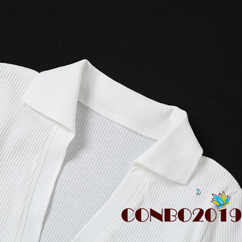 Áo Croptop Dệt Kim Tay Dài Cổ Chữ V Khoét Sâu Màu Sắc Thanh Lịch