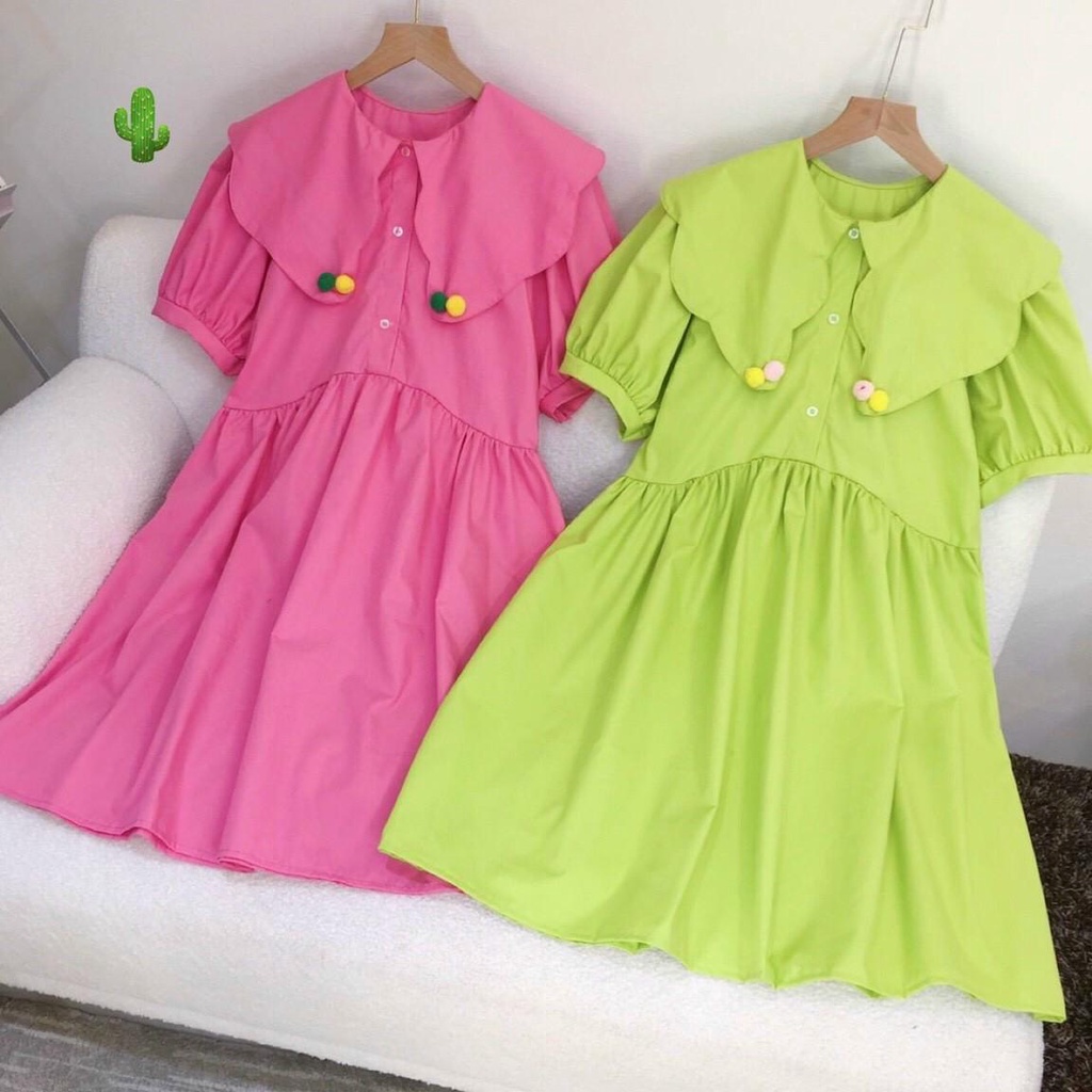 Đầm nữ form dáng Babydoll phối cổ bèo họa tiết nút bông siêu Cute - Màu sắc siêu đẹp