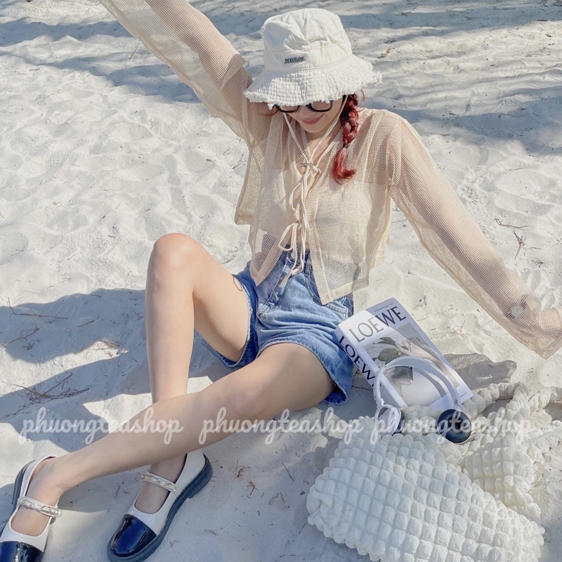 Áo croptop lưới dài tay thắc nơ mix áo 2s đồ đi biển hàng QC siêu xinh Thời Trang B.Y Tea Clothing