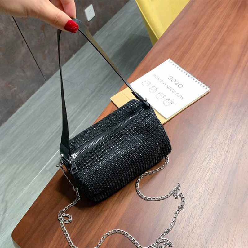 Hmg Túi Xách Tote Đeo Vai Phối Dây Xích Dày Đính Đá Lấp Lánh Thiết Kế Thời Trang Dành Cho Nữ