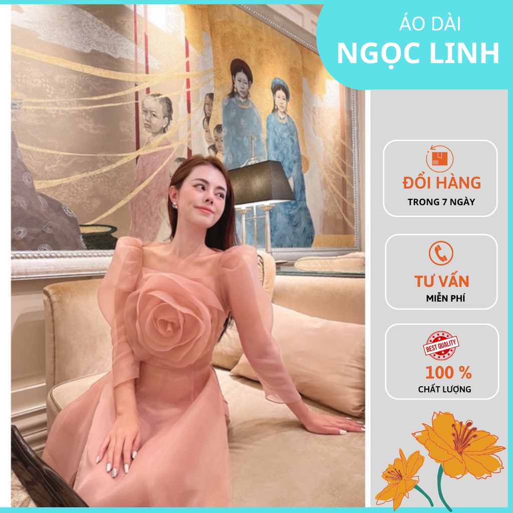 Áo Dài Hồng Cô Dâu - Áo Dài Cách Tân Cổ Vuông Có Hoa Cài Trước Ngực Chất Lụa Mềm Mại Cao Cấp-MS02
