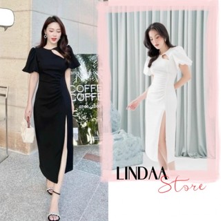 Đầm dự tiệc midi xẻ chéo ngực xẻ tà xilic h dress