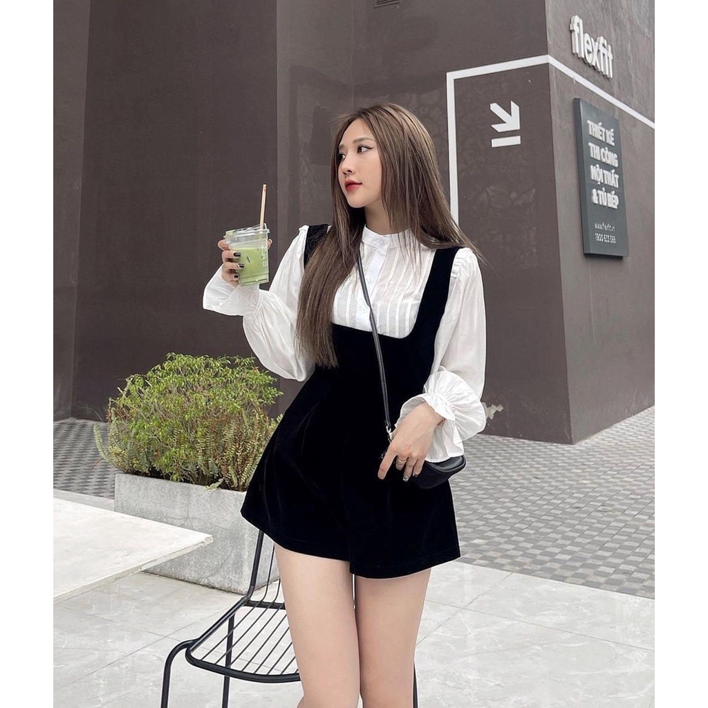 Set yếm đùi phong cách Hàn Quôc, set yếm nhung đen 2 dây phối áo sơ mi trắng cổ trụ tay dài mtb