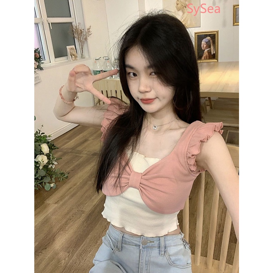 Áo Hai Dây Mùa Hè Thắt Nơ Phong Cách Pháp Cho Nữ