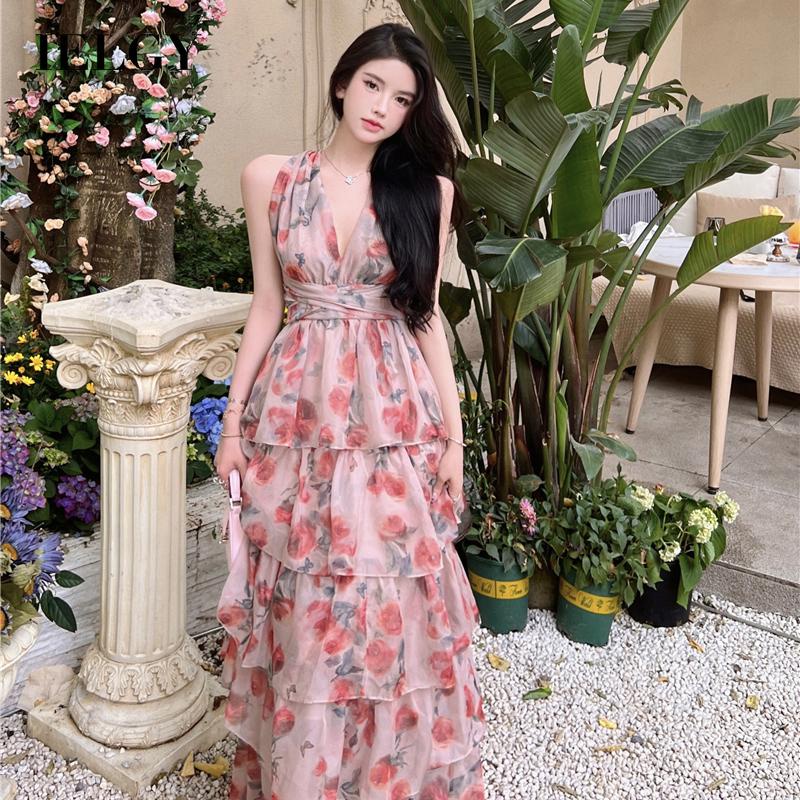 IELGY Đầm Hai Dây Hở Lưng In Họa Tiết Thời Trang Pháp Cho Nữ