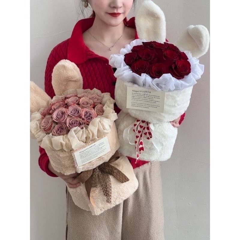 combo 2 Cốt Bó Hoa Thỏ Lông Gói Hoa/Quà màu hồng