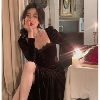 Đầm Nhung Đen Cổ Vuông Nhấn Eo Cao Tôn Dáng Phong Cách Retro Kiểu Pháp Thời Trang Mùa Thu Cho Nữ