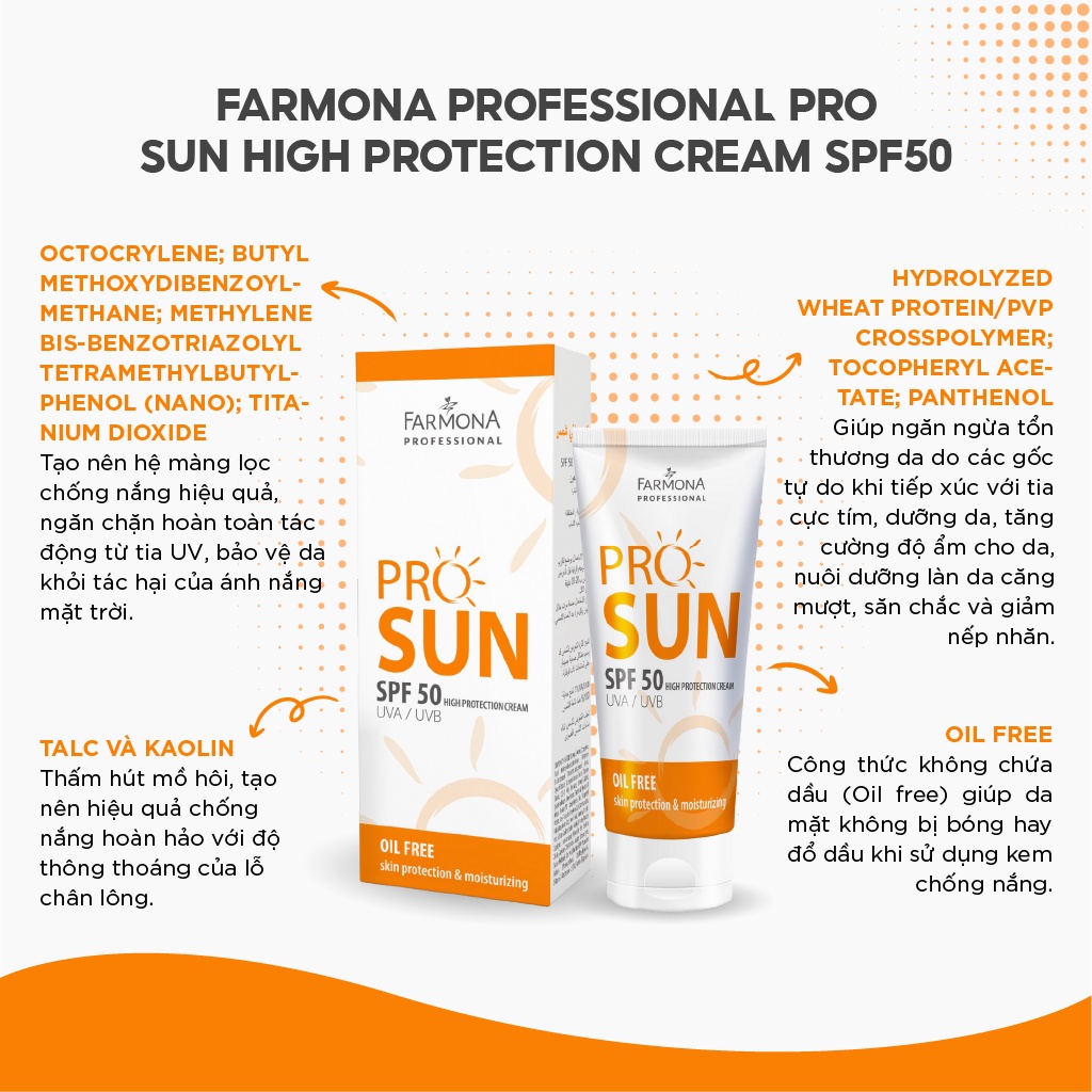 Kem chống nắng trắng da, dưỡng ẩm cho da mụn, kiềm dầu Farmona Professional Pro Sun High Protection Cream SPF50 50ml