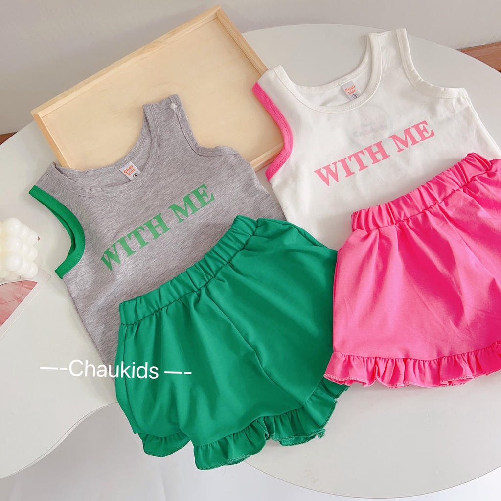 Bộ hè cho bé gái , Sét bộ áo cotton 3 lỗ With Me phối quần viền bèo siêu đẹp cho bé gái.