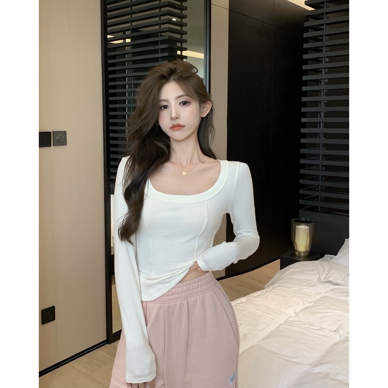 [2 Màu] Áo Thun Tay Dài Mỏng Bên Trong Với Quần Legging Ngắn insU Cổ Chữ U