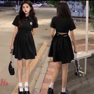 Đầm sơ mi, váy cổ bẻ hoạ tiết logo màu đen dáng xoè form ngắn trẻ trung năng động