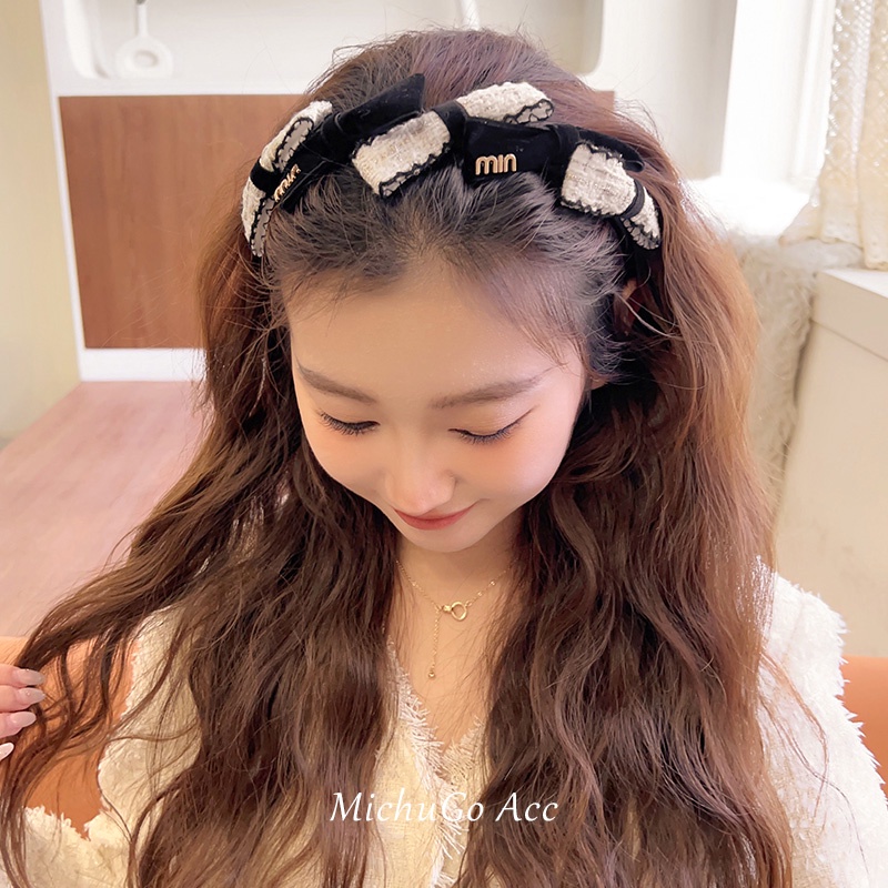 Băng Đô Cài Tóc Bằng Vải Nhung Thắt Nơ In Chữ Phong Cách vintage Hàn Quốc Thanh Lịch Dành Cho Nữ