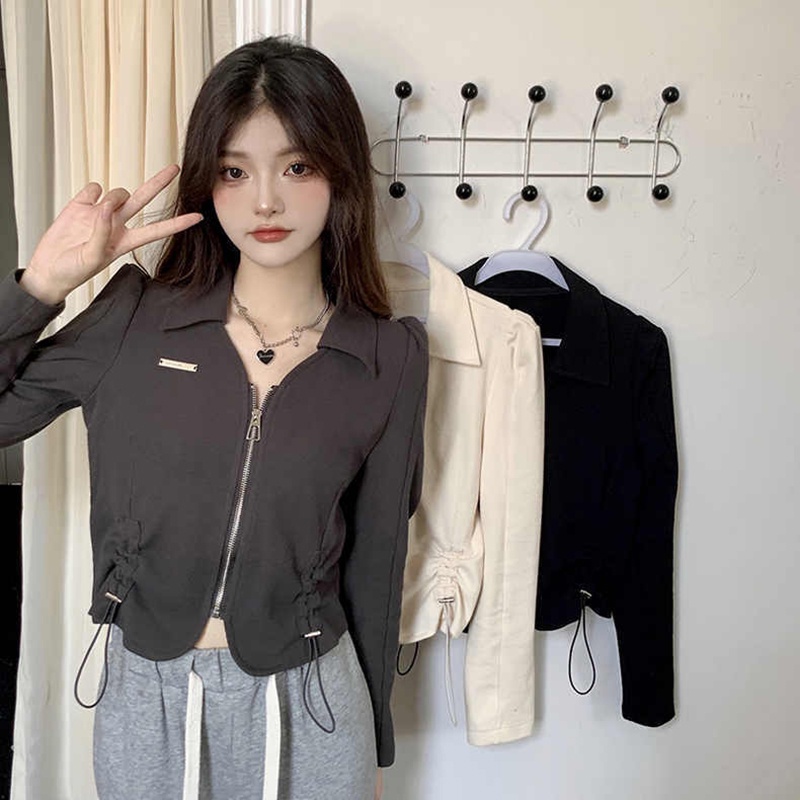 IELGYÁo Thun Lửng Tay Dài Cổ polo Phối Dây Rút Thời Trang Cho Nữ