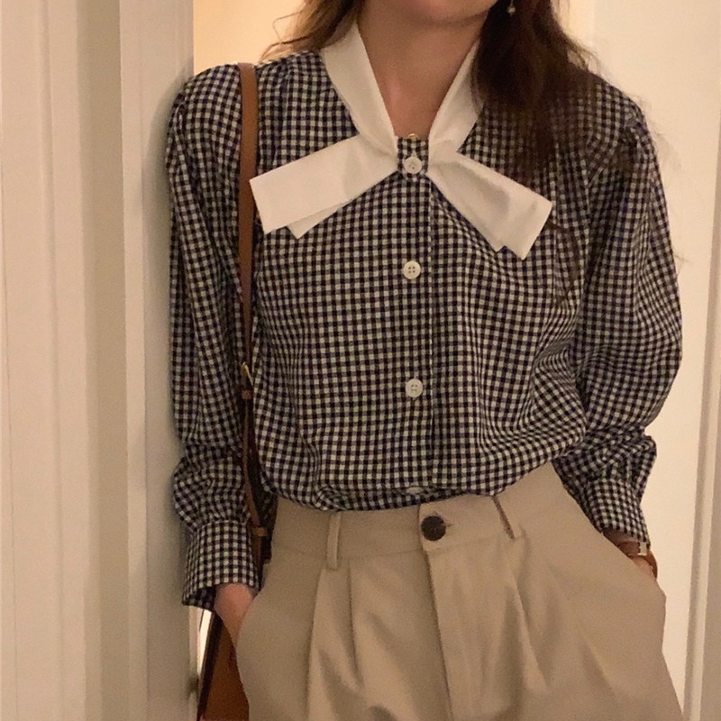 Áo sơ mi SUXI tay dài thắt nơ họa tiết kẻ sọc màu tương phản phong cách Hàn Quốc