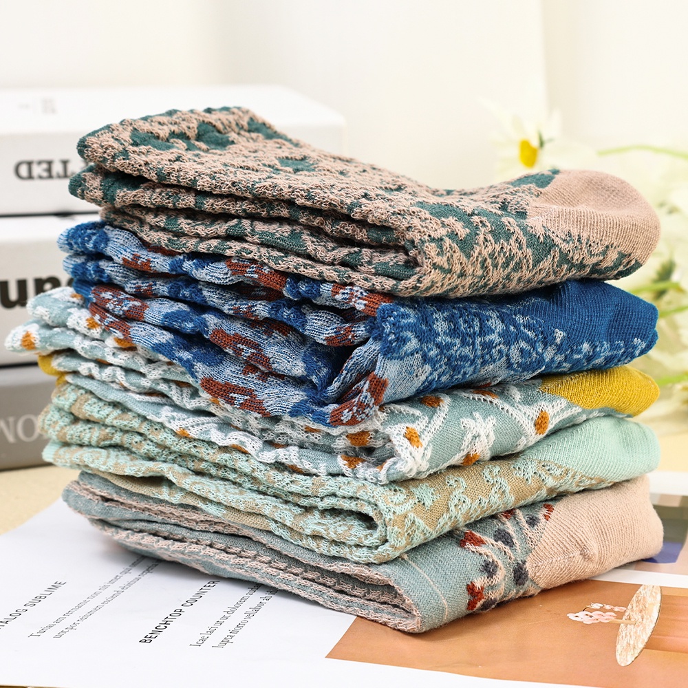 1 Đôi Tất Cotton Mềm Thoáng Khí Thêu Hoa Phong Cách Retro