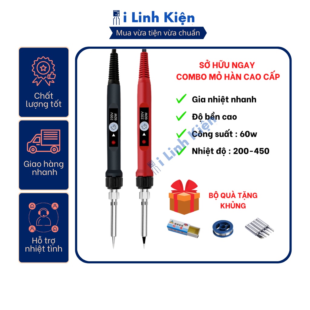 Mỏ hàn thiếc chì điện tử điều chỉnh nhiệt độ 60W có đèn led tặng kèm thiếc và mũi hàn.