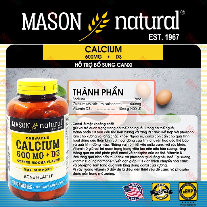 Viên nhai Mason Natural Calcium 600mg + D3 bổ sung canxi và vitamin hỗ trợ xương chắc khoẻ tăng chiều cao. Hộp 100 viên